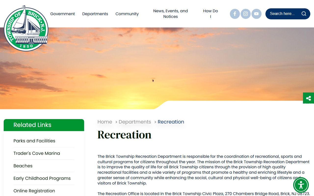 Brick Township Recreation Department page for community records