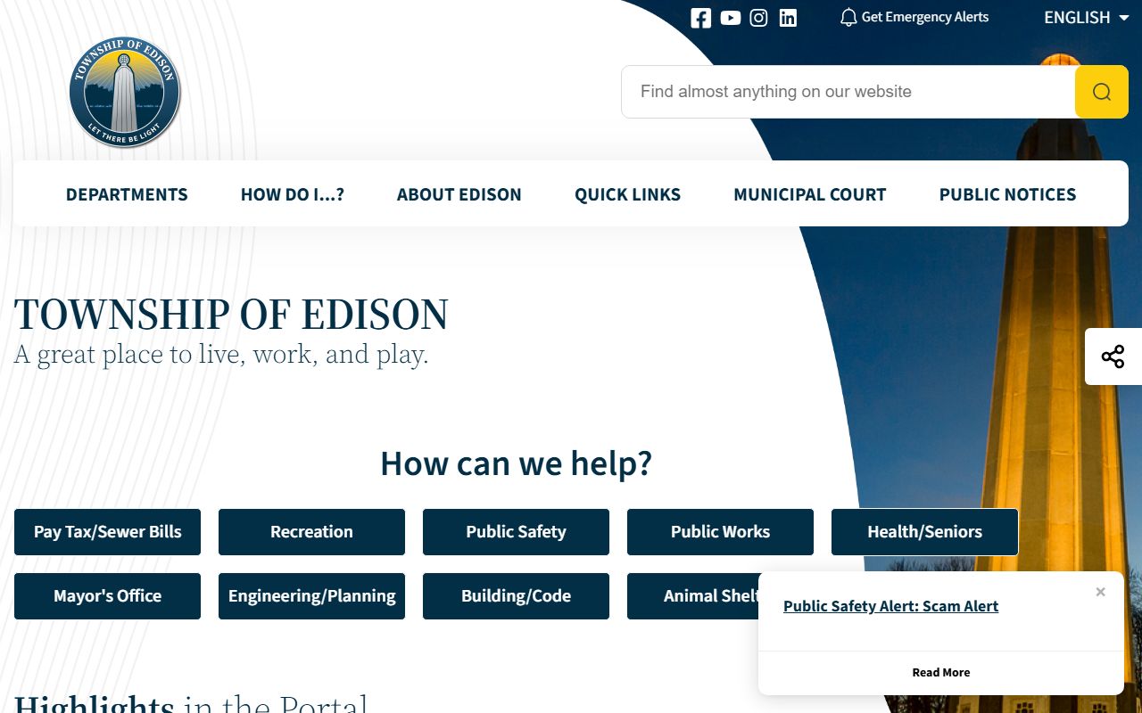 Edison Township homepage for obituary and death record resources