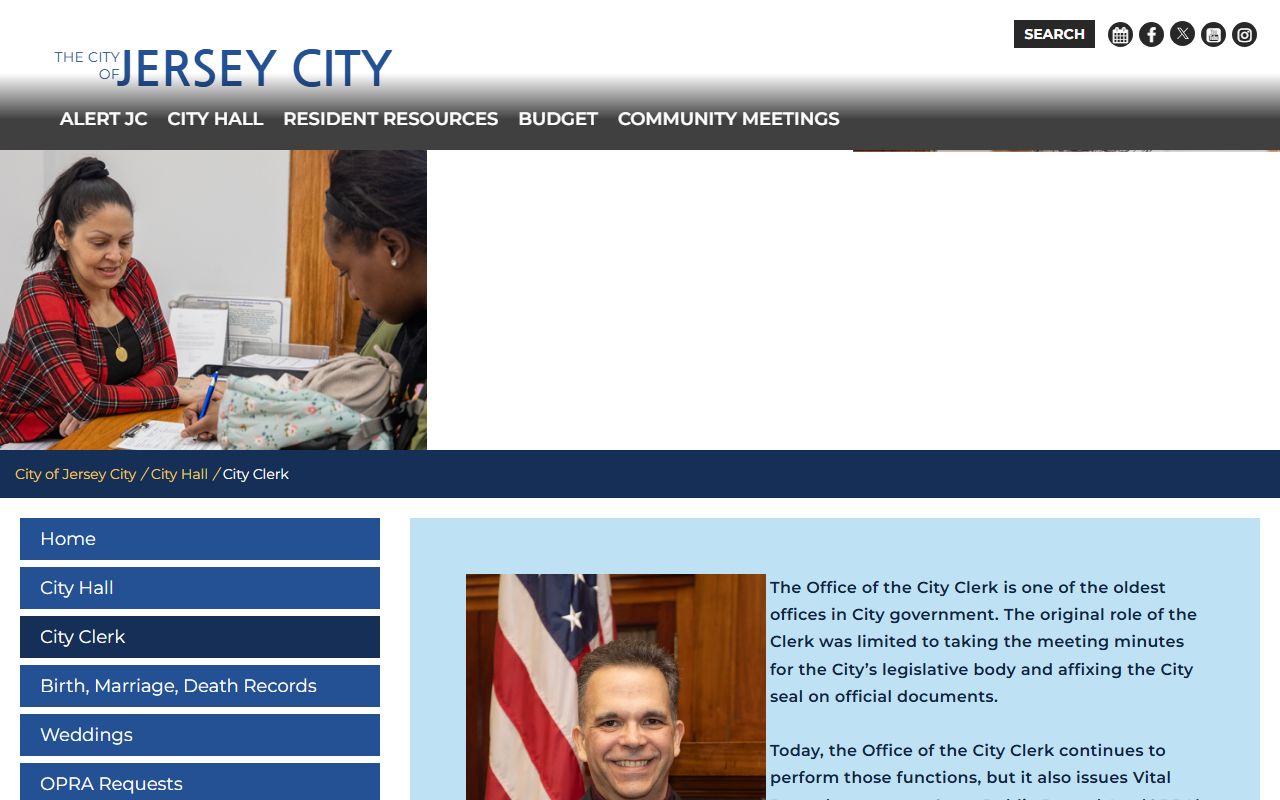 Jersey City Clerk page for obituary and death record requests