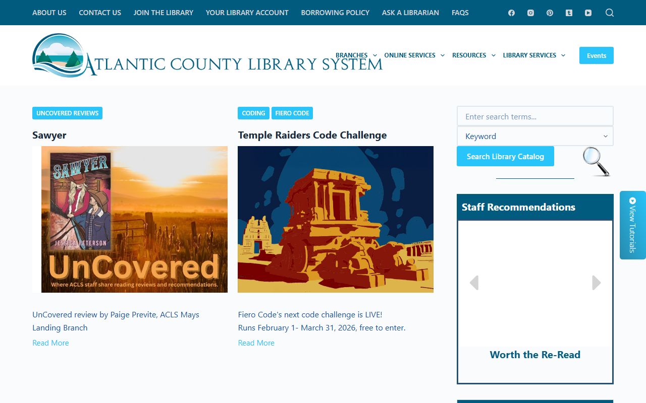 Atlantic County Library System homepage for obituary and death record research