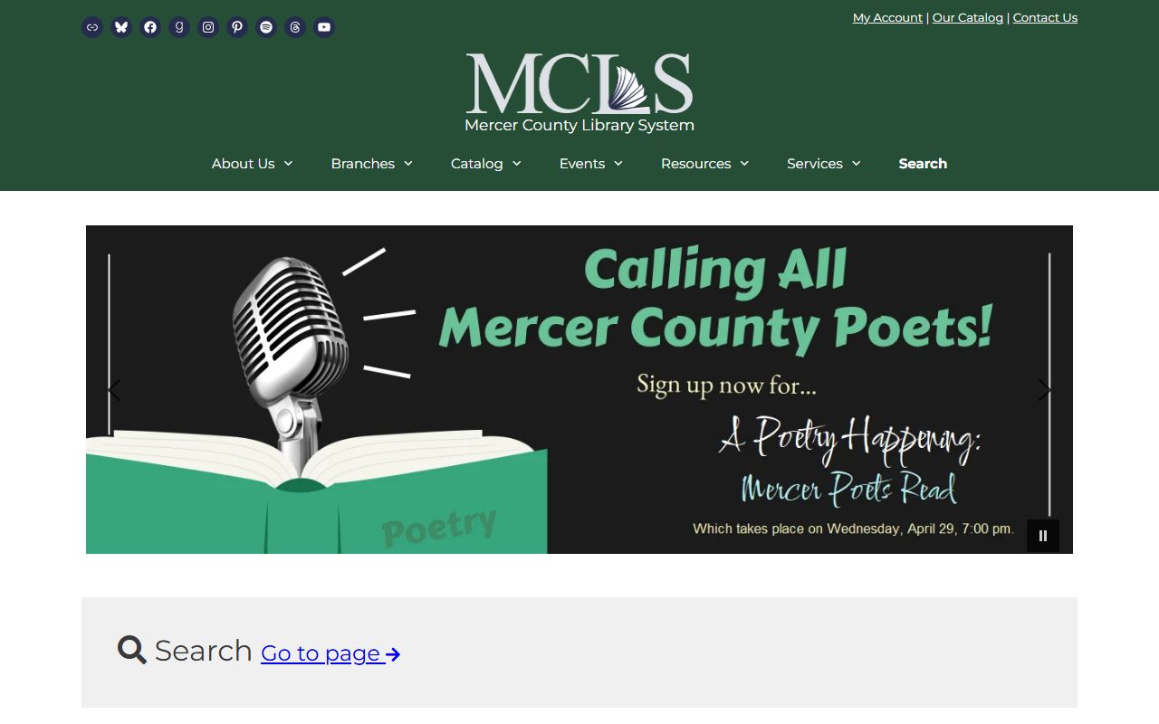Mercer County Library homepage for obituary and death record research