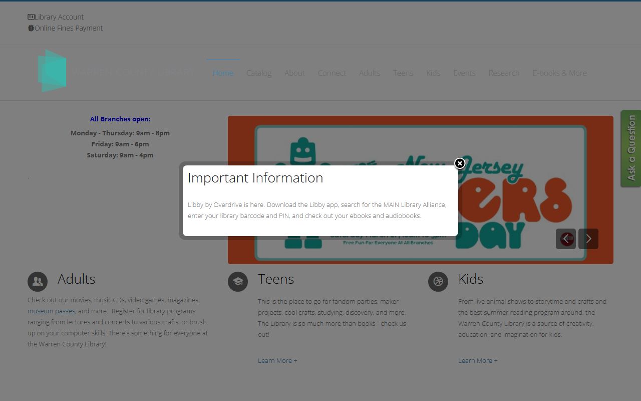Warren County Library homepage for obituary and death record research