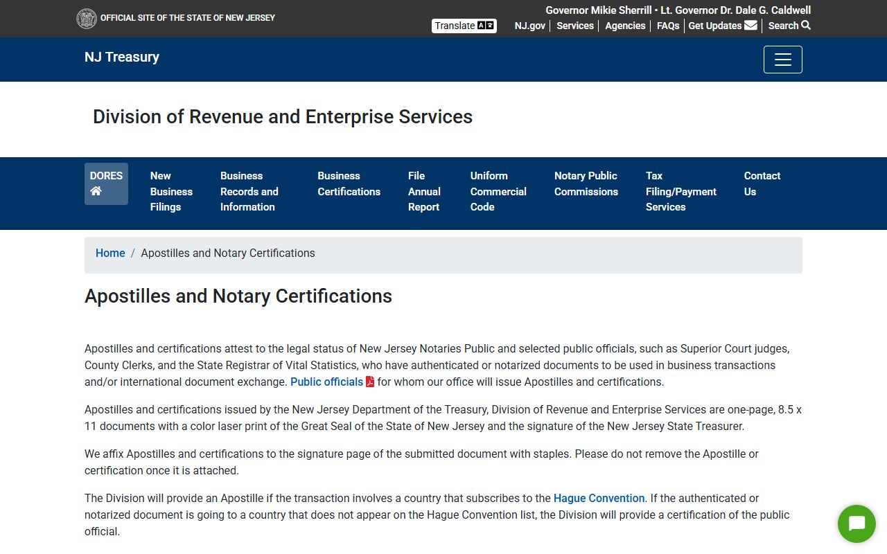 New Jersey apostille certification page for death records