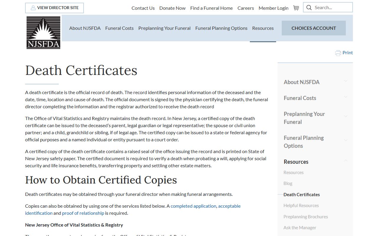 New Jersey Funeral Directors Association death certificate resources