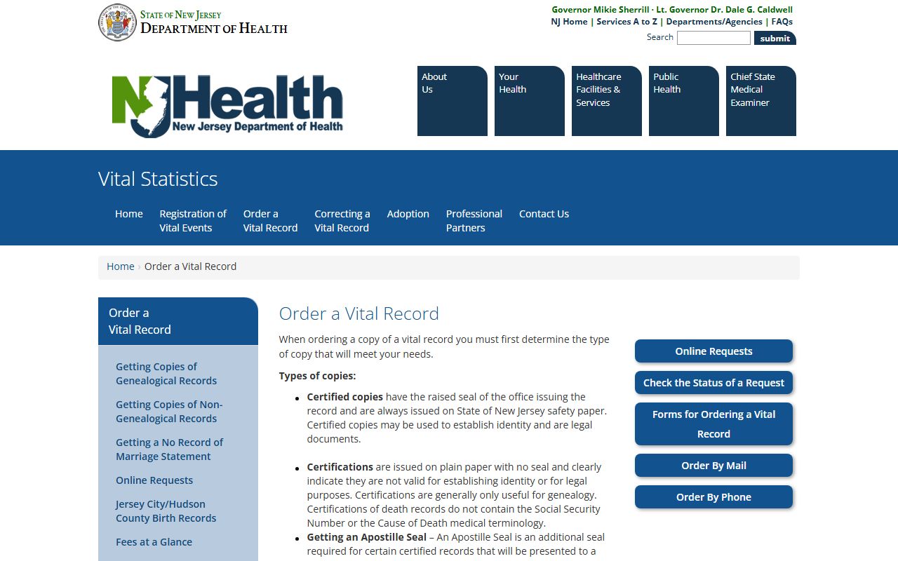 New Jersey vital records ordering page for obituary death record copies